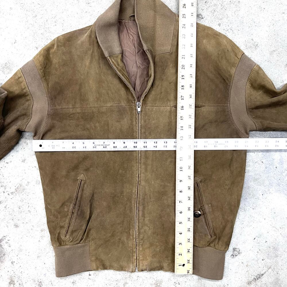 Vintage Suede Leather Bomber Jacket Knit Shawl Collar Light Brown Patina Size M - Picture 16 of 16